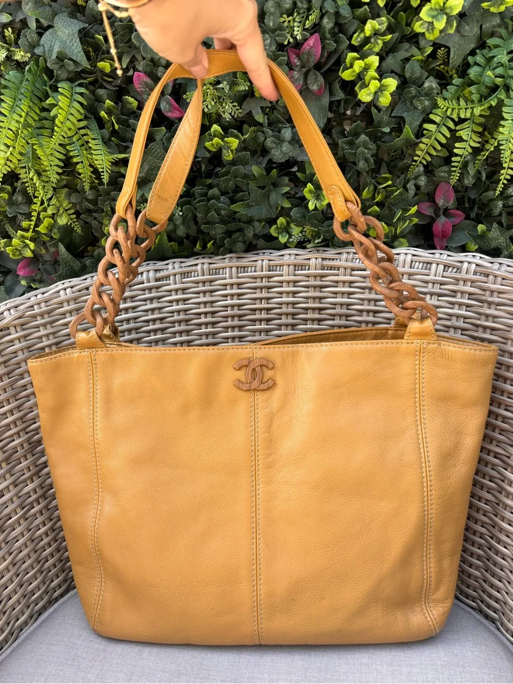 Authentic CHANEL mustard caviar leather mini tote tortoiseshell hardware